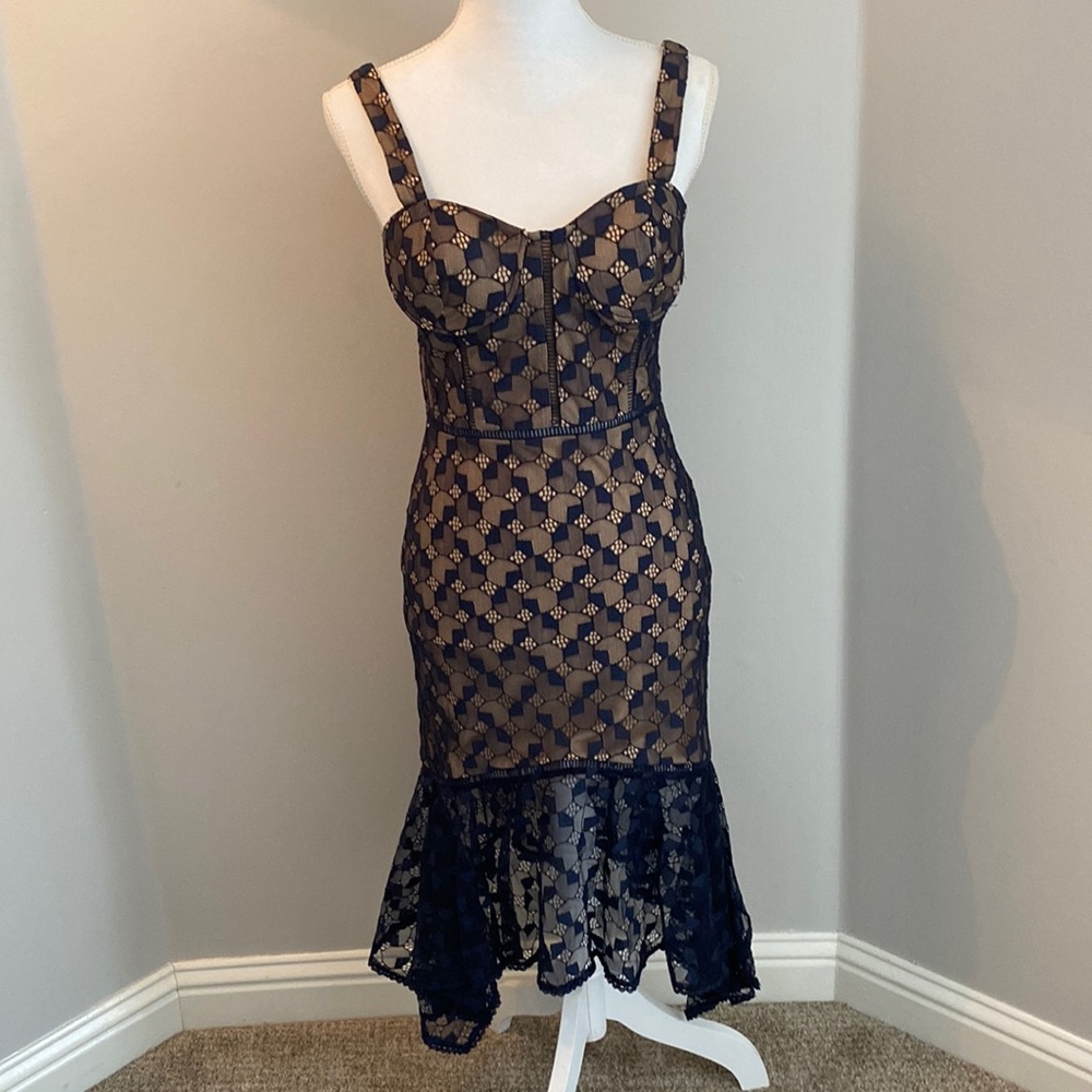 J.O.A. Navy lace corset dress with handkerchief hem 👗